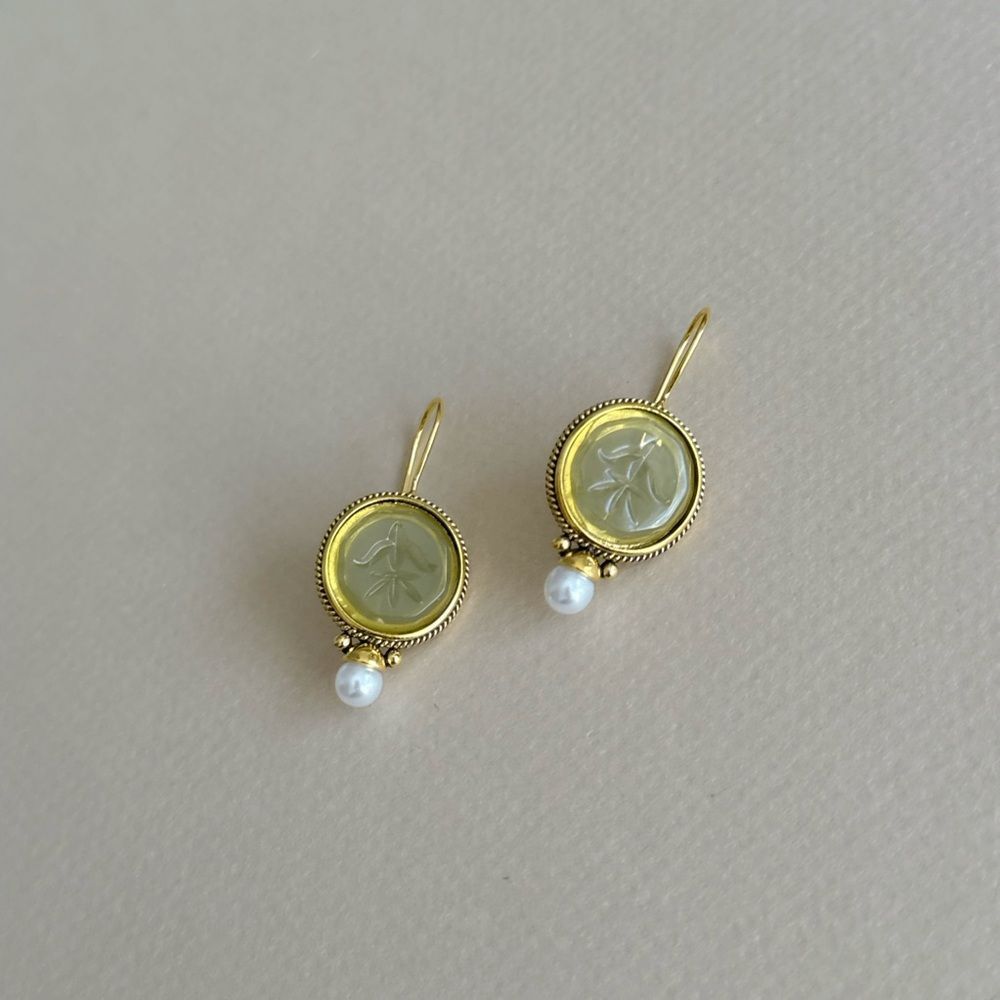 Anthropologie Green Glass Flower Drop Earrings with Pearl - Picture 2 of 3